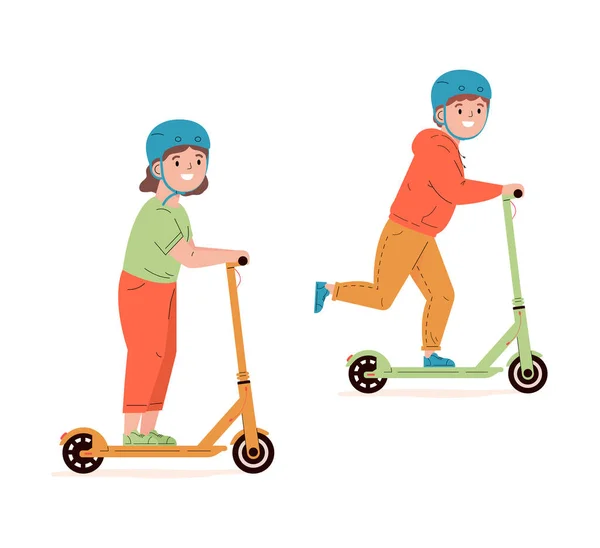 Enfants en casques rouler scooters électriques de marche. — Image vectorielle