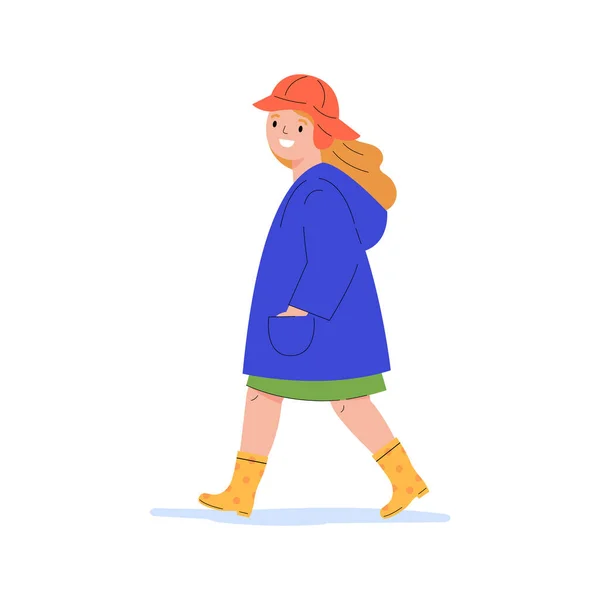 Joyeux enfant dans un imperméable bleu et des bottes en gomme. — Image vectorielle