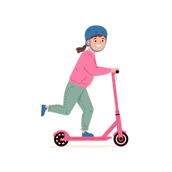 Mädchen mit Helm fährt Elektro-Roller. — Stockvektor