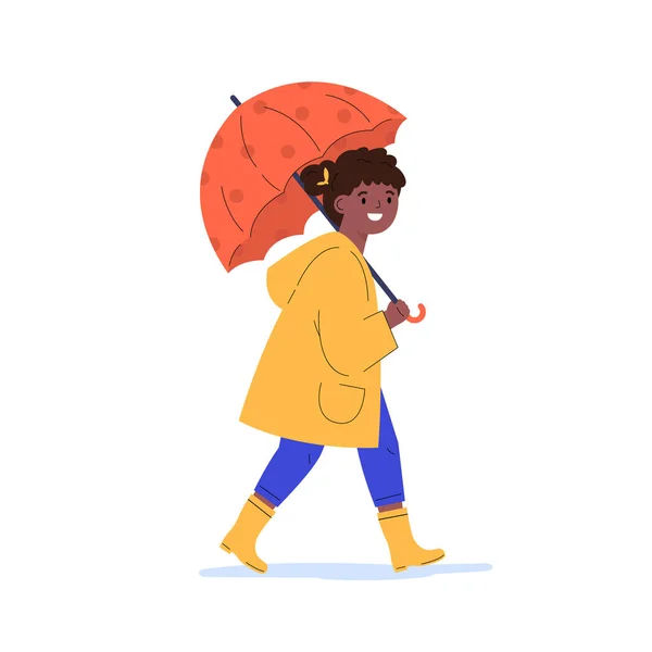 Bambino in impermeabile giallo sotto l'ombrello. — Vettoriale Stock