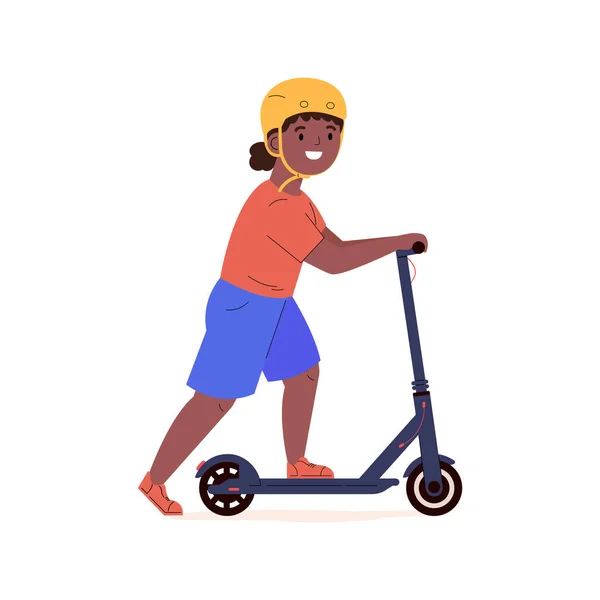 Menina em um capacete montando scooter elétrico. — Vetor de Stock