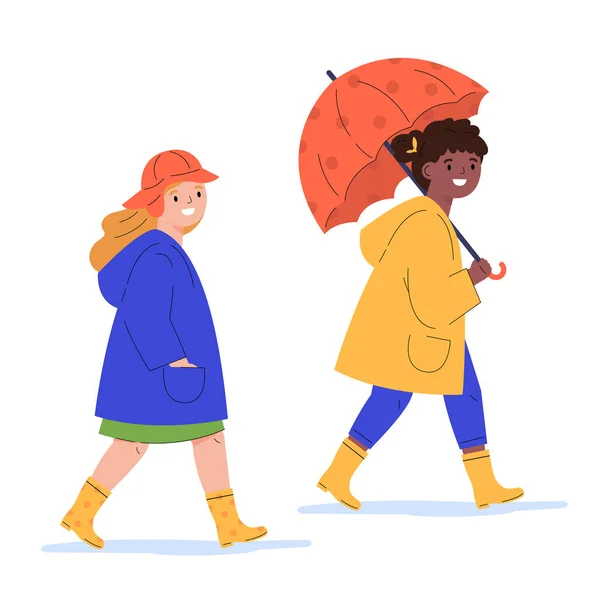 Crianças em capas impermeáveis caminham na chuva —  Vetores de Stock