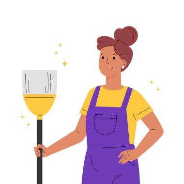 Süpürgeyle üniforma giymiş bir kadın.. 