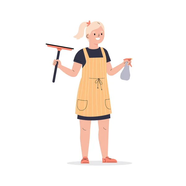 Teenager girl dressed in an apron with wiper. — Stock Vector