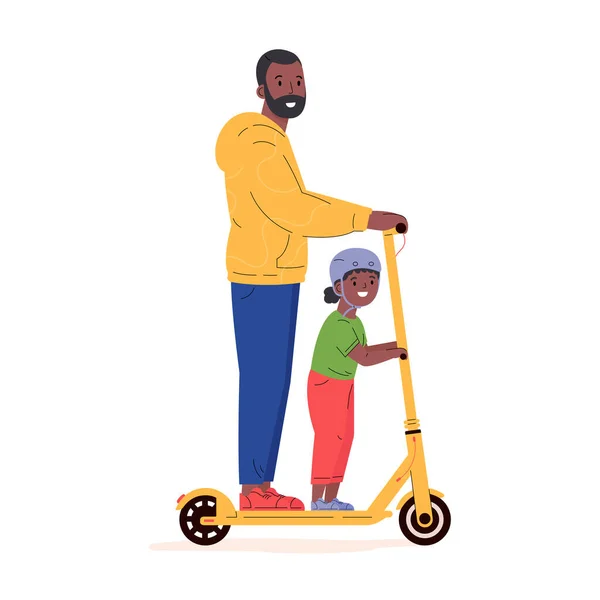 Jeune homme actif monte un scooter avec un enfant. — Image vectorielle