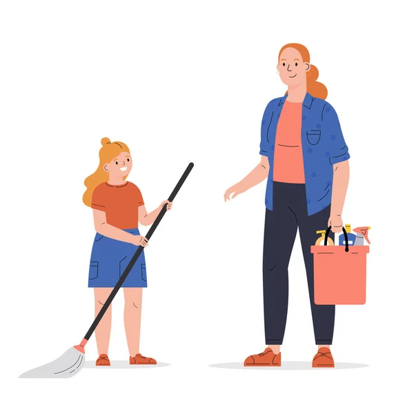 Jeune femme avec sa fille laver le sol — Image vectorielle