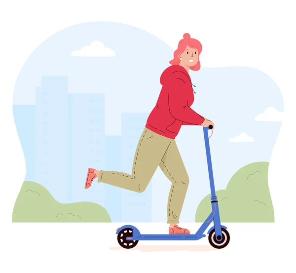 Activ femeie tânără de echitatie scuter electric de mers pe jos . — Vector de stoc