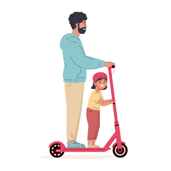 Jeune homme actif monte un scooter avec un enfant. — Image vectorielle