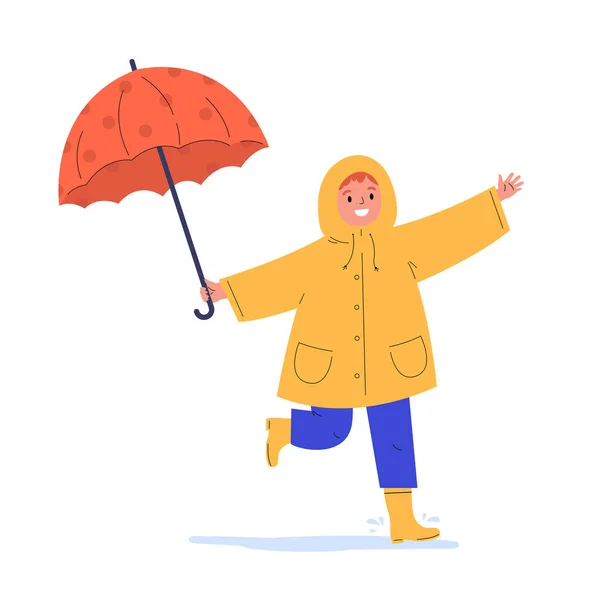 Dziecko w żółtym płaszczu przeciwdeszczowym pod parasolem. — Wektor stockowy