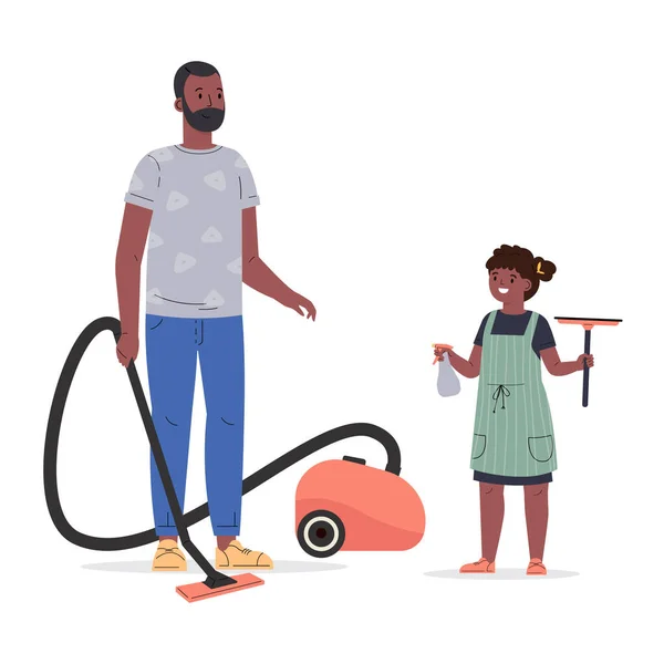 Homme avec sa fille aspirateur et laver les fenêtres — Image vectorielle