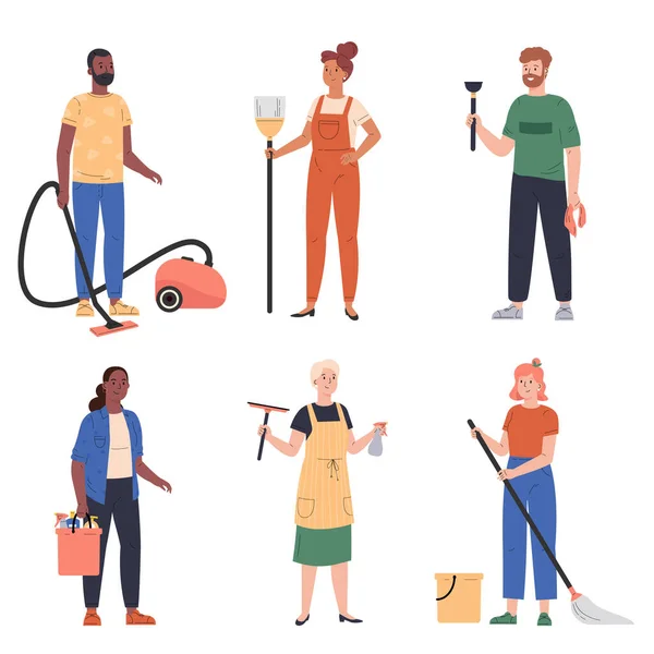 Sprzątanie domu, mężczyźni i kobiety wykonujący prace domowe. Grafika Wektorowa