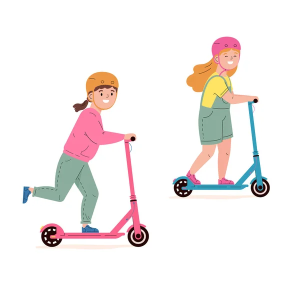Crianças em capacetes passeio elétrico andar scooters. —  Vetores de Stock