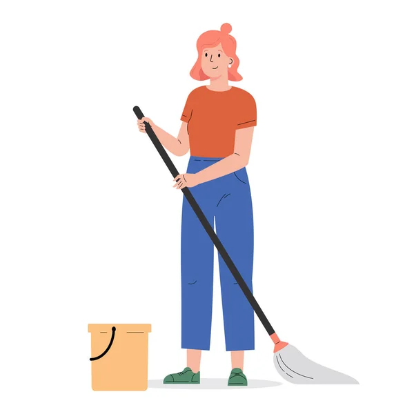 Ung kvinna med en mopp och en hink. — Stock vektor