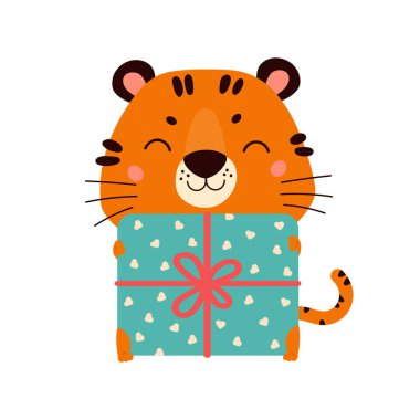 Hediyesi olan sevimli çizgi film kaplanı..