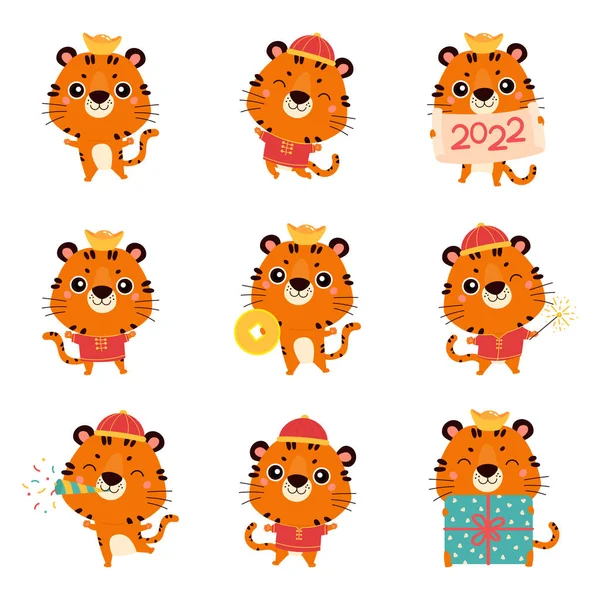 Σύνολο χαριτωμένων τίγρεις κινουμένων σχεδίων.Καλή Κινέζικη Πρωτοχρονιά Εικονογράφηση Αρχείου