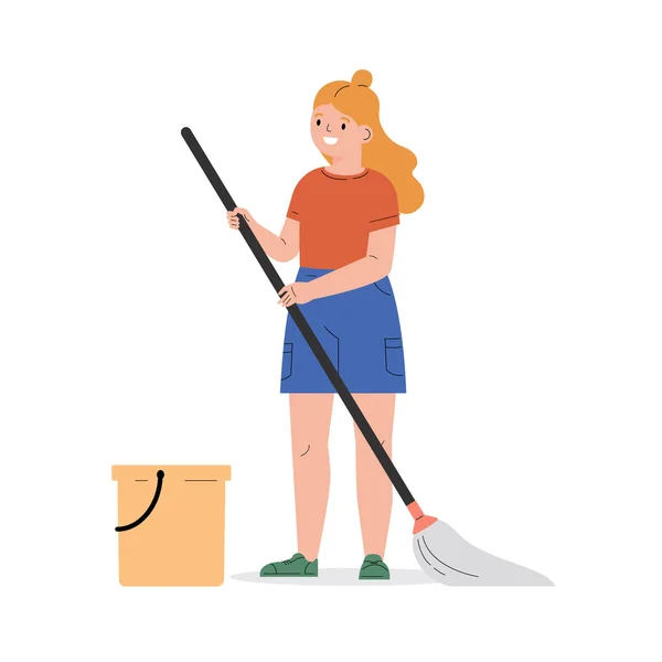 Teenager girl with a mop and a bucket. — Stock Vector