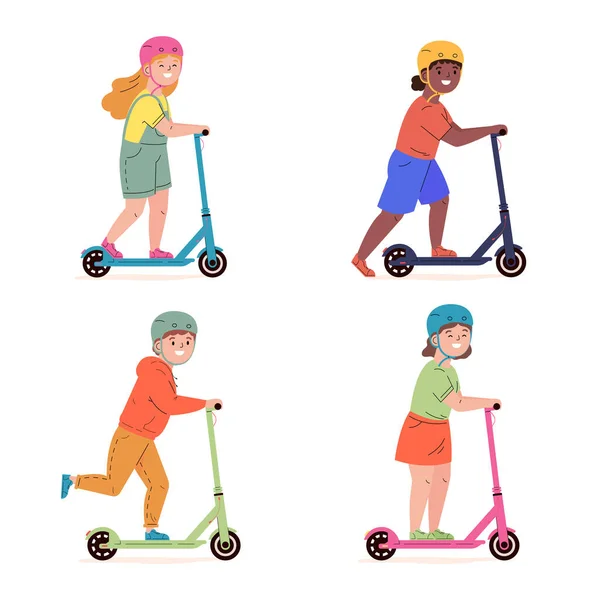 Miğferli çocuklar elektrikli scooterlara biniyor.. — Stok Vektör