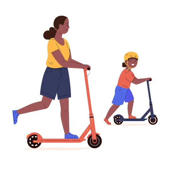 Jeune femme active monte un scooter avec un enfant. — Image vectorielle