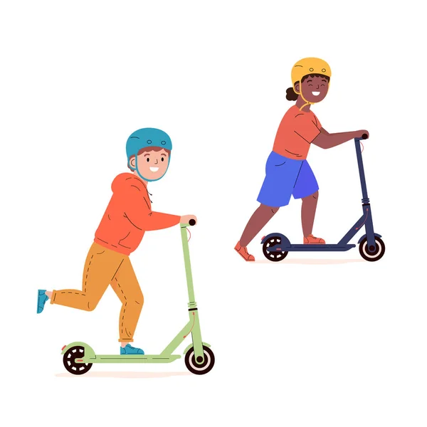 Enfants en casques rouler scooters électriques de marche. — Image vectorielle