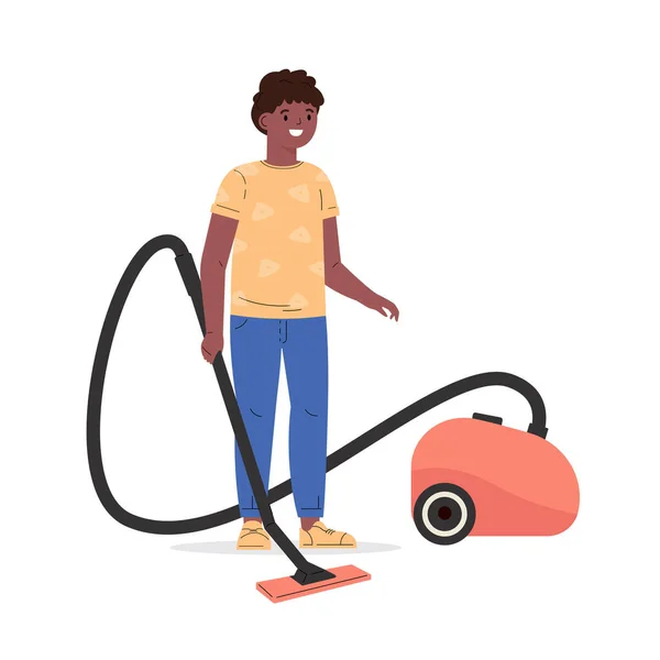 Housekeeping activity.Boy helping vacuum clean. — Stock Vector