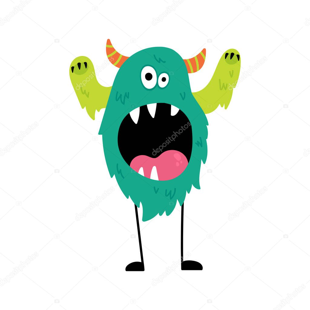 Cartoon furry monster isolated on white background. Cute monster character. Design for print, party decoration, t-shirt, illustration, logo, emblem or sticker. Vector illustration in cartoon style.