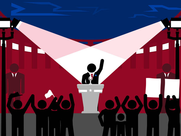 Politician giving a speech at a stadium before election protected by bodyguards.