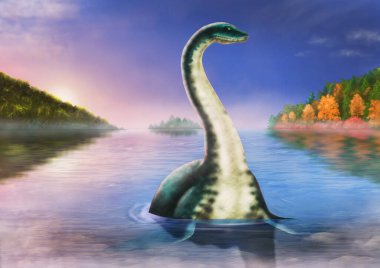 Loch Ness canavarı gölün arka planına karşı sudan çıktı..