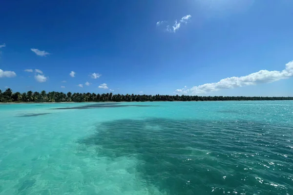 在蓝天和几朵云下 海洋或大海平静的水面 海滩上的景色和热带的树木 夏天的度假胜地天堂 — 图库照片