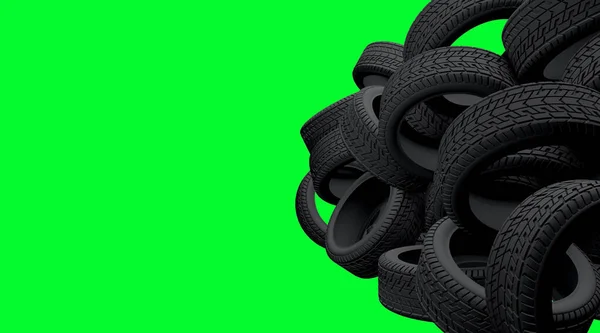 Tyres Bulk Greenscreen Isolated Background Black Tires Piles Garage Store — Stock Photo, Image