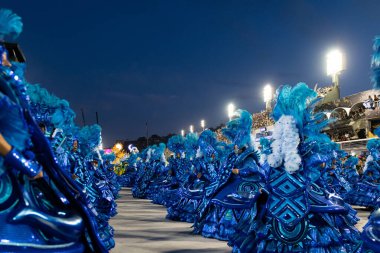 Rio, Brezilya - 23 Şubat 2020: Samba okulu Portela 'nın Marques de Sapucai Sambodromo' daki geçit töreni