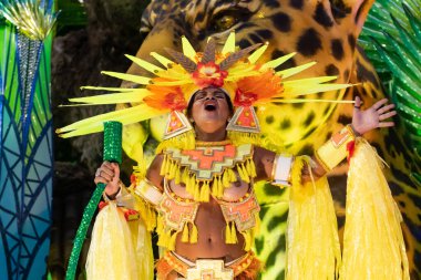 Rio, Brezilya - 23 Şubat 2020: Samba okulu Portela 'nın Marques de Sapucai Sambodromo' daki geçit töreni