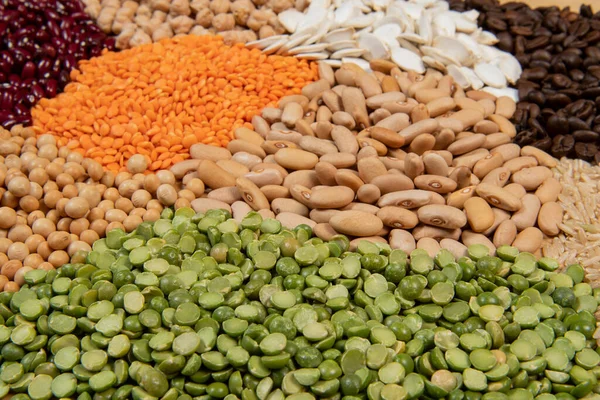 Porții Diferite Soiuri Cereale Semințe Comestibile Uscate Exemple Surse Fibre — Fotografie, imagine de stoc