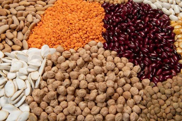 Porções Diferentes Variedades Cereais Sementes Comestíveis Secas Exemplos Fontes Fibra — Fotografia de Stock