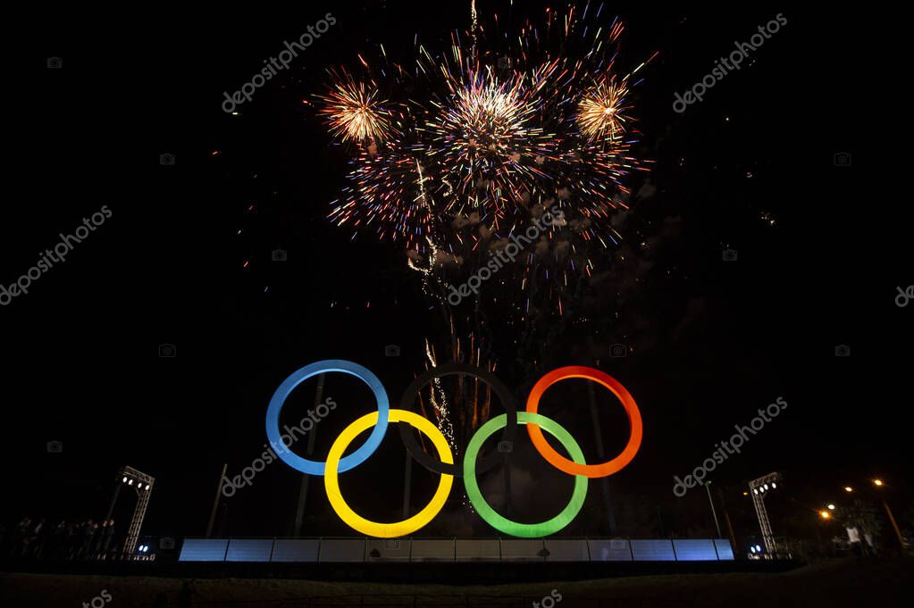 Rio, Brazil - may 20, 2015: Olympic symbol seen at night and with fireworks in the background