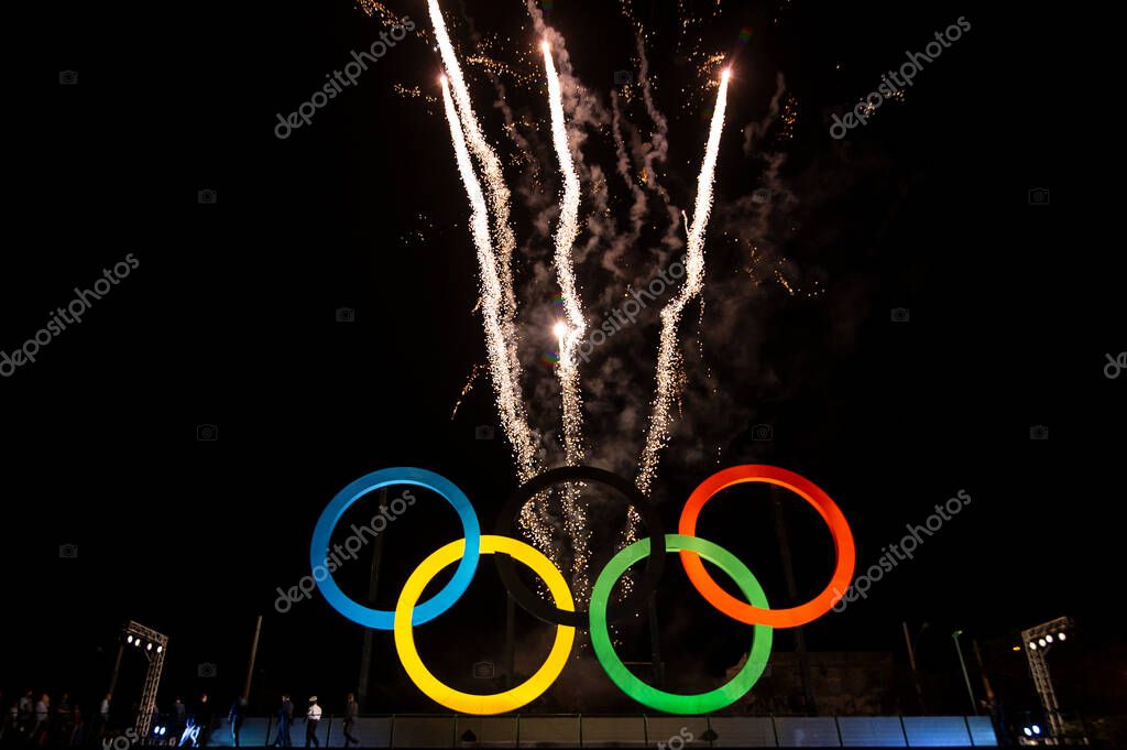 Rio, Brazil - may 20, 2015: Olympic symbol seen at night and with fireworks in the background