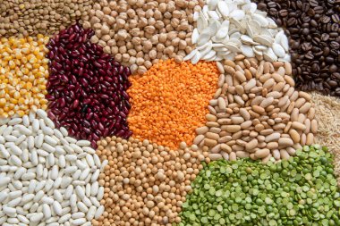 Farklı mısır gevreği çeşitleri ve yenebilir kuru tohumlar. Üst görünümdeki lif kaynakları örnekleri