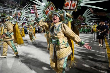 Rio de Janeiro, Brezilya - 14 Şubat 2026: Botafogo Samba Clube 'dan bir sanatçı - Sambadrome Marques de Sapucai' de Sambadrome Marques de Sapucai 'de 2026 Rio Karnavalı' nın Serie Ouro 'su sırasında samba okulu geçit törenleri