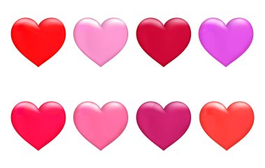 Beyaz arka planda izole edilmiş renkli kalp seti. Vektör illüstrasyonu.