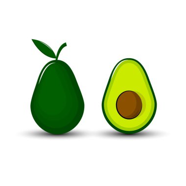 Avokado vektörü beyaz arka planda izole edildi. Yeşil avokado, yaprak ve tohumla ikiye bölünmüş..