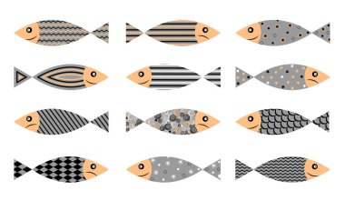 Geometrik desenli şirin balıklar, beyaz arka planda izole edilmiş. Çizgi film vektör koleksiyonu.