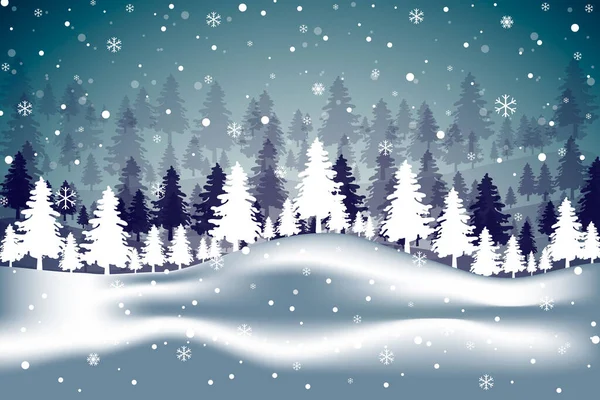 Köknar ağaçları, kar ve düşen güzel kar taneleriyle kış manzarası.