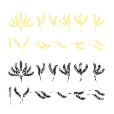 Beyaz arkaplanda izole edilmiş buğday kulak simgeleri, vektör illüstrasyonu.
