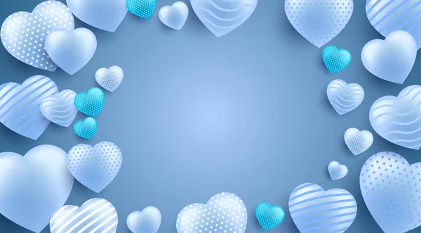 Blauwe prachtige achtergrond met realistische 3D hartjes. Vectorillustratie. — Stockvector