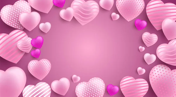 Lilac Valentines Day background with place for text, 3d hearts on a bright background. Vector illustration. Cute love banner or greeting card — Stockvector
