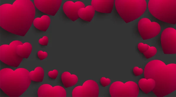 Valentines Day background with place for text, 3d hearts on a gray background. Vector illustration. Cute love banner or greeting card — Stok Vektör