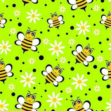 Arı çizgi filmi ve papatya çiçeğiyle yeşil arkaplan çizimi üzerinde kusursuz desen.