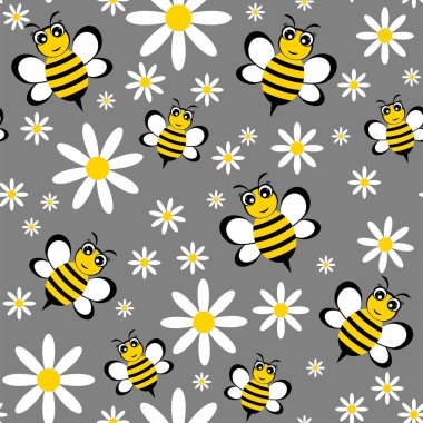 Gri arkaplan vektör illüstrasyonunda arı çizgi filmi ve papatya çiçeğiyle kusursuz desen.