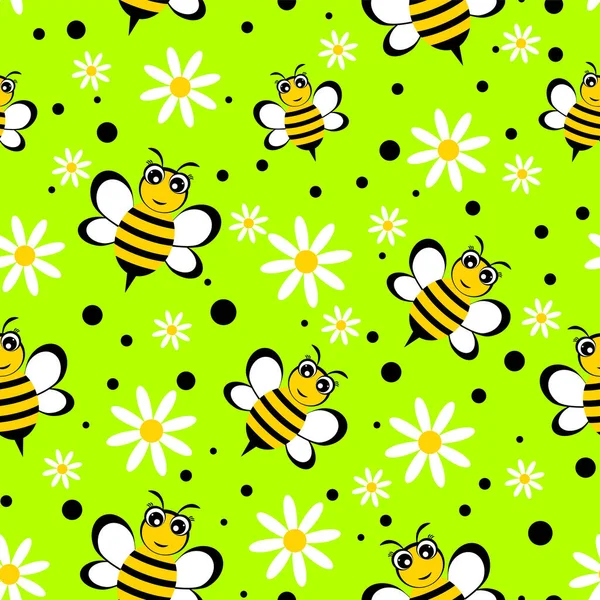 Bezešvé Vzor Včelí Karikatura Sedmikráska Květina Zeleném Pozadí Vektorové Ilustrace — Stockový vektor