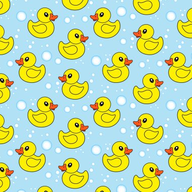 Mavi arka planda sarı plastik ördekler ve sabun köpükleri. Vektörsüz desen.