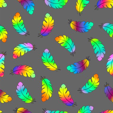 Gri arkaplan üzerinde çok renkli tüyler. Kusursuz desen. Vektör illüstrasyonu.